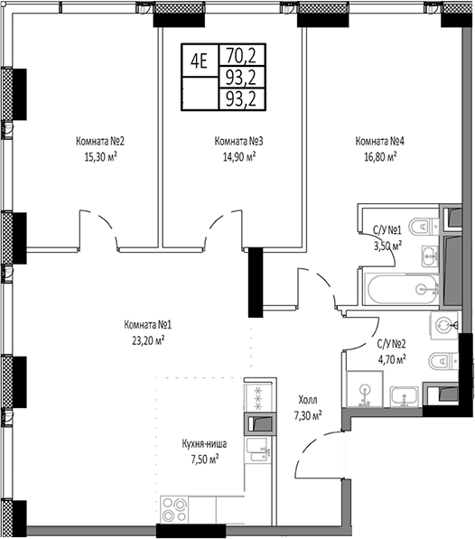 Планировка — Мираполис, 4-комн., 93 м²
