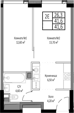 Планировка — Мираполис, 2-комн., 42 м²