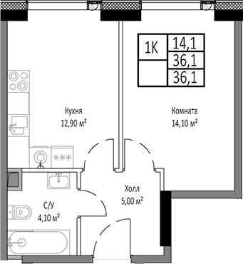 Планировка — Мираполис, 1-комн., 36 м²