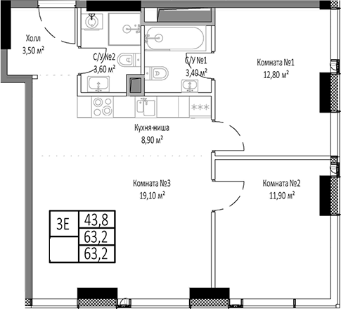 Планировка — Мираполис, 3-комн., 63 м²
