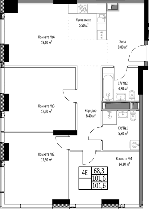 Планировка — Мираполис, 4-комн., 102 м²