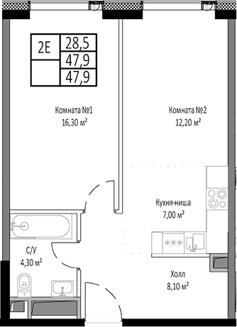 Планировка — Мираполис, 2-комн., 48 м²
