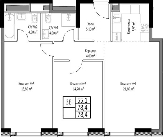 Планировка — Мираполис, 3-комн., 78 м²