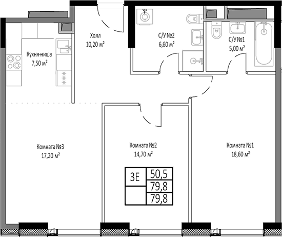 Планировка — Мираполис, 3-комн., 80 м²