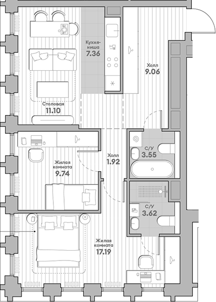 Планировка — Среда на Кутузовском, 3-комн., 64 м²