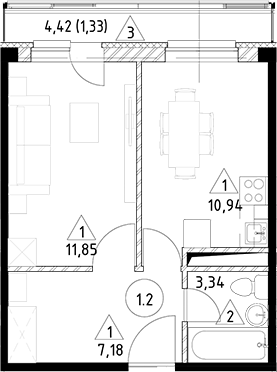 Планировка — Горки Марусино, 1-комн., 33 м²