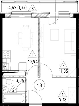 Планировка — Горки Марусино, 1-комн., 33 м²