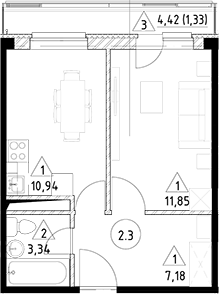 Планировка — Горки Марусино, 1-комн., 33 м²