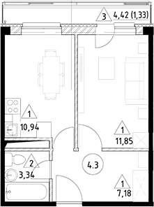 Планировка — Горки Марусино, 1-комн., 33 м²