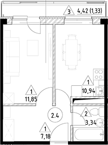 Планировка — Горки Марусино, 1-комн., 33 м²