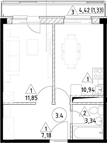 Планировка — Горки Марусино, 1-комн., 33 м²