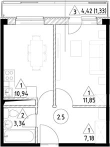Планировка — Горки Марусино, 1-комн., 33 м²