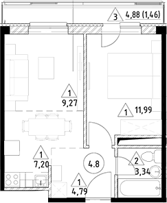 Планировка — Горки Марусино, 2-комн., 37 м²