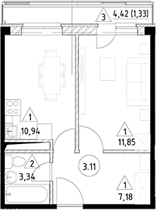 Планировка — Горки Марусино, 1-комн., 33 м²