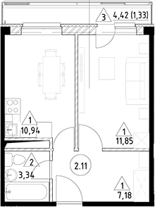 Планировка — Горки Марусино, 1-комн., 33 м²