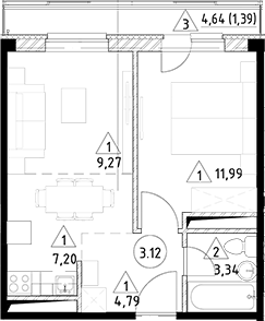 Планировка — Горки Марусино, 2-комн., 37 м²