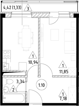 Планировка — Горки Марусино, 1-комн., 33 м²