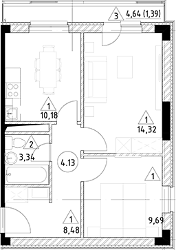 Планировка — Горки Марусино, 2-комн., 46 м²