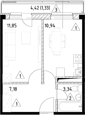 Планировка — Горки Марусино, 1-комн., 33 м²