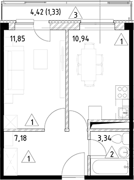 Планировка — Горки Марусино, 1-комн., 33 м²