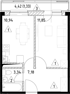 Планировка — Горки Марусино, 1-комн., 33 м²
