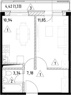 Планировка — Горки Марусино, 1-комн., 33 м²