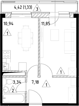 Планировка — Горки Марусино, 1-комн., 33 м²