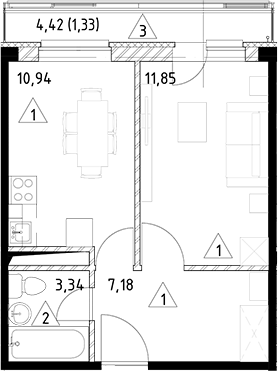 Планировка — Горки Марусино, 1-комн., 33 м²