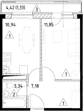 Планировка — Горки Марусино, 1-комн., 33 м²