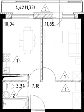 Планировка — Горки Марусино, 1-комн., 33 м²