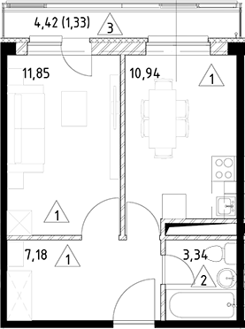 Планировка — Горки Марусино, 1-комн., 33 м²