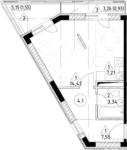 Планировка — Горки Марусино, Студия, 33 м²