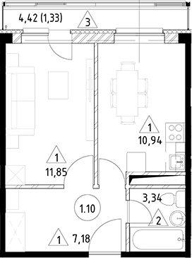 Планировка — Горки Марусино, 1-комн., 33 м²