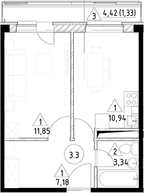 Планировка — Горки Марусино, 1-комн., 33 м²