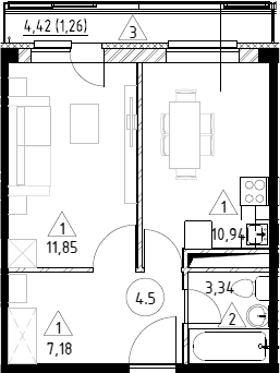 Планировка — Горки Марусино, 1-комн., 33 м²