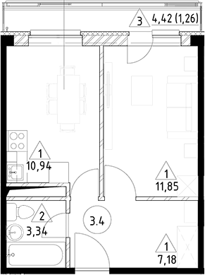 Планировка — Горки Марусино, 1-комн., 33 м²