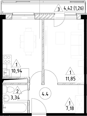 Планировка — Горки Марусино, 1-комн., 33 м²