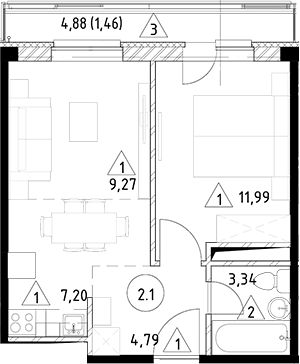 Планировка — Горки Марусино, 2-комн., 37 м²