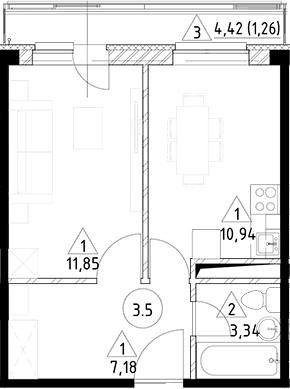 Планировка — Горки Марусино, 1-комн., 33 м²