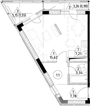 Планировка — Горки Марусино, Студия, 34 м²
