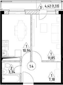 Планировка — Горки Марусино, 1-комн., 33 м²