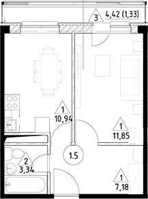 Планировка — Горки Марусино, 1-комн., 33 м²