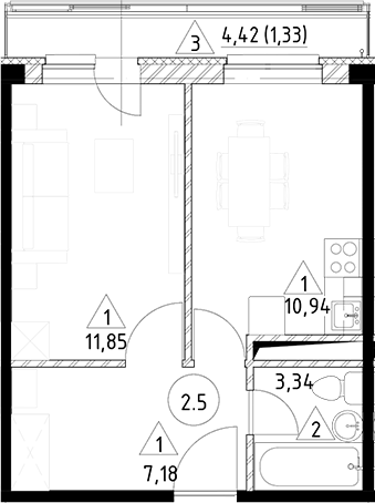 Планировка — Горки Марусино, 1-комн., 33 м²