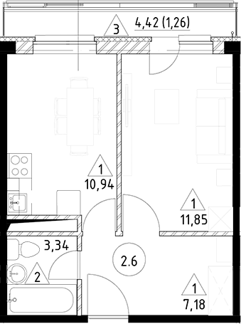 Планировка — Горки Марусино, 1-комн., 33 м²