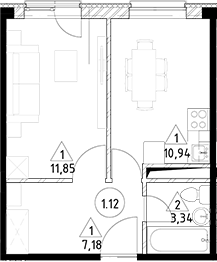 Планировка — Горки Марусино, 1-комн., 33 м²