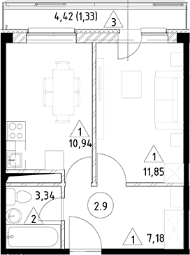 Планировка — Горки Марусино, 1-комн., 33 м²