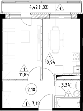 Планировка — Горки Марусино, 1-комн., 33 м²