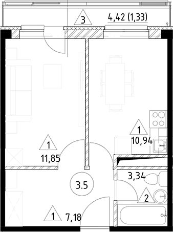 Планировка — Горки Марусино, 1-комн., 33 м²