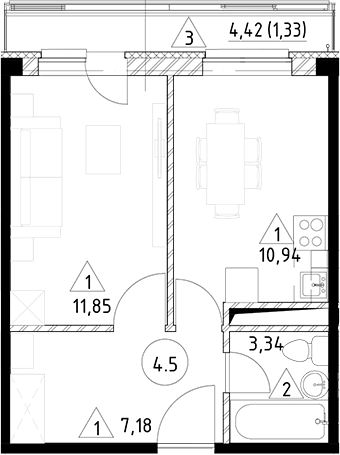 Планировка — Горки Марусино, 1-комн., 33 м²