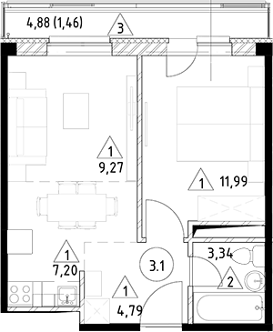 Планировка — Горки Марусино, 2-комн., 37 м²